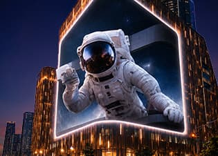 An astronaut breaking out of BIG ONE's display frame against a starry night sky