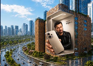 A phone creative appearing to extend out of BIG ONE's display over the city